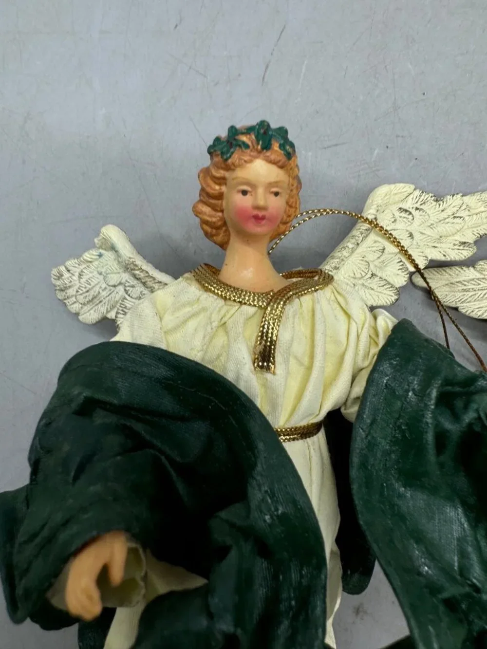 Vintage Angel Christmas Tree Ornament Set Of 2 With Green Gown Gold Accents READ